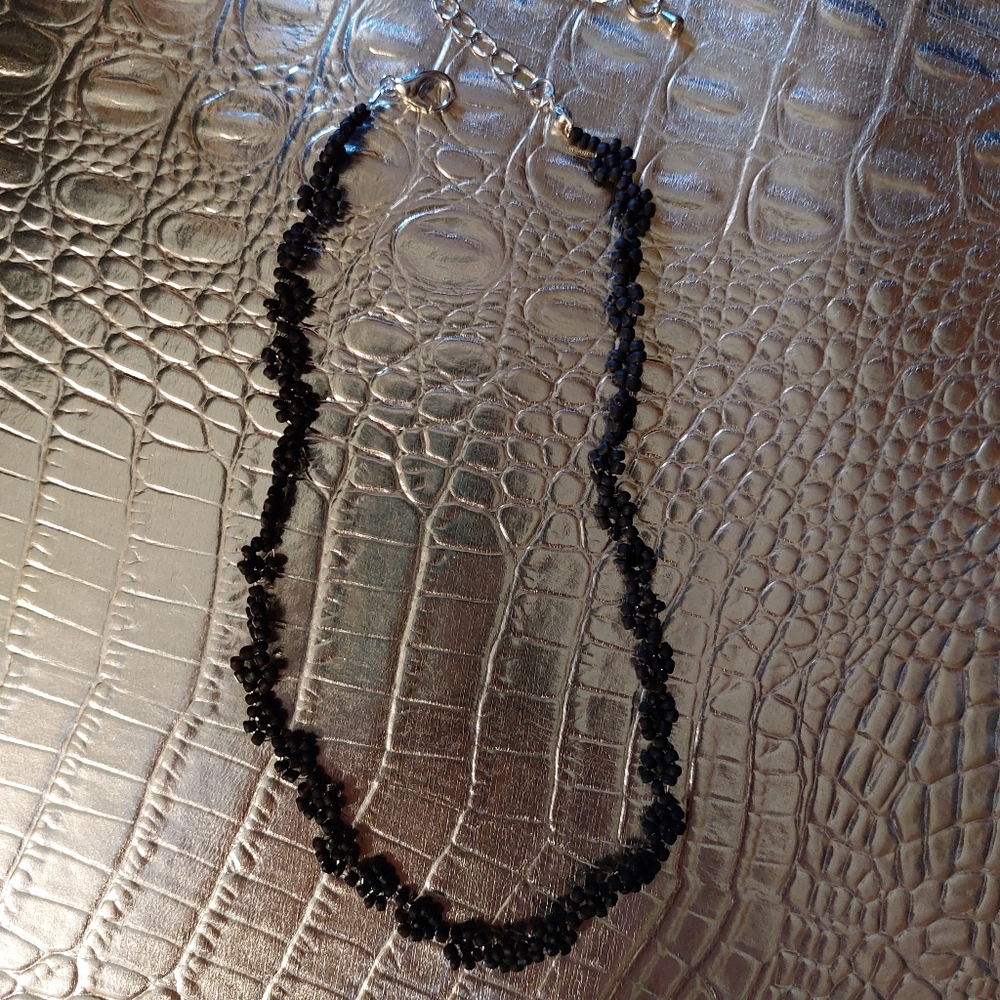 Handmade matte black seed bead flower chain choker